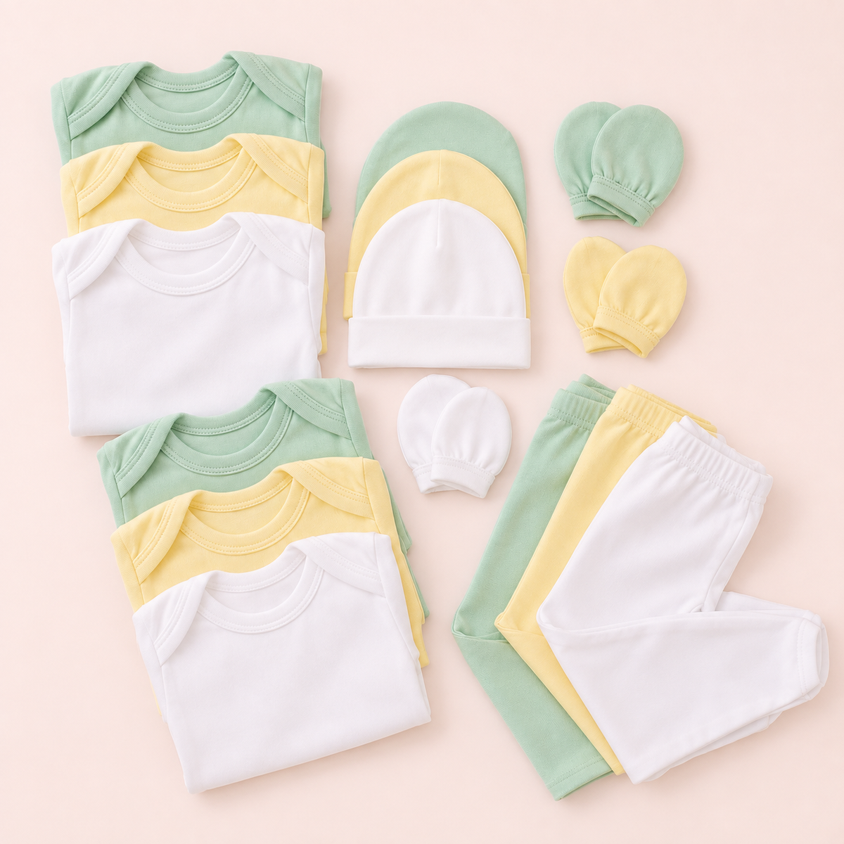 Set de 3 ajuares completos 15 piezas
Verde claro
Amarillo
Blanco
